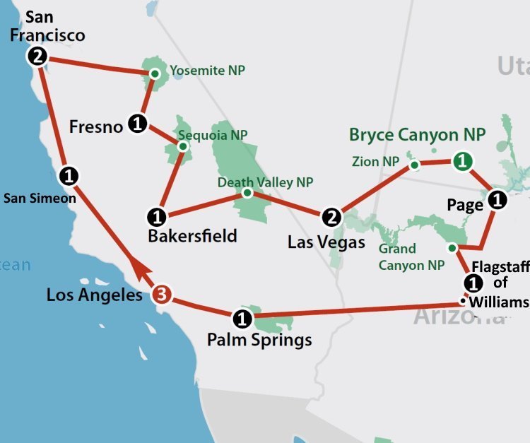 Flydrive Highlights of the West (16 dagen) 1 Flydrive Highlights of the West (16 dagen)